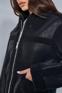 Textured Leather Look Borg Zipped Jacket