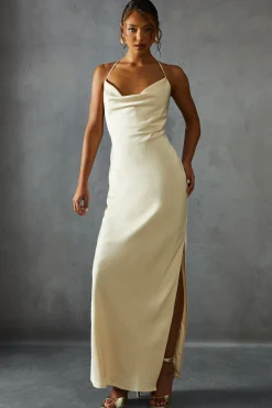 Textured Satin Cowl Neck Maxi Dress