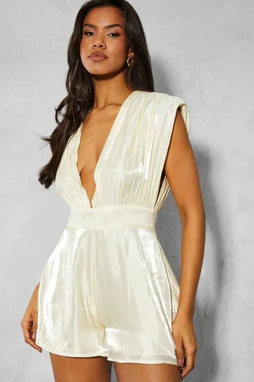 Textured Satin Plunge Flippy Short Playsuit