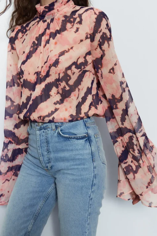 Tie Dye High Neck Flute Sleeve Blouse