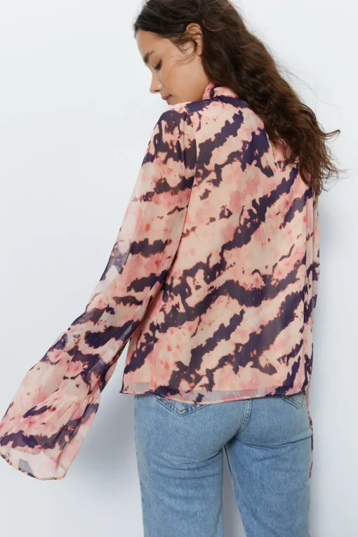 Tie Dye High Neck Flute Sleeve Blouse