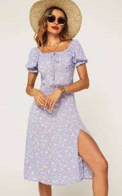 Tie Front Slip Leg Dress In Purple With Flora Print