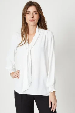 Tie Neck Shirred Cuff Top