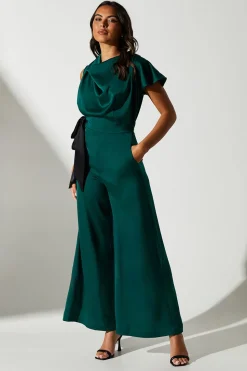 Tie Side Satin Drape Wide Leg Jumpsuit
