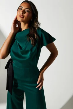 Tie Side Satin Drape Wide Leg Jumpsuit