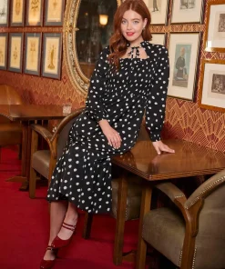 Tie-Neck Polka Dot Midi Dress