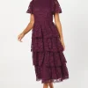Tiered Lace Dress With Flutter Sleeve & Trims