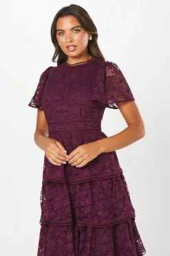 Tiered Lace Dress With Flutter Sleeve & Trims