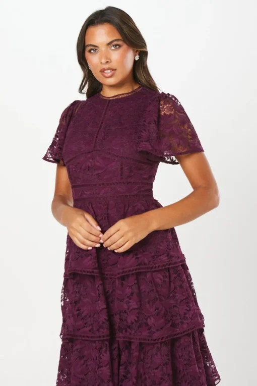 Tiered Lace Dress With Flutter Sleeve & Trims