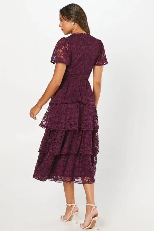 Tiered Lace Dress With Flutter Sleeve & Trims