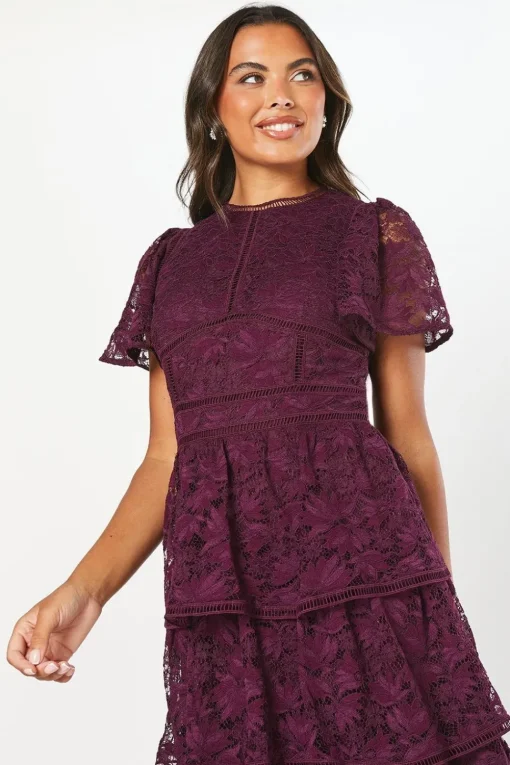Tiered Lace Dress With Flutter Sleeve & Trims