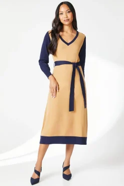 Tipped Belted Knitted Midi Dress