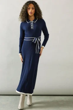 Tipped Belted Knitted Midi Dress