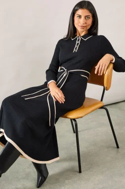 Tipped Belted Knitted Midi Dress