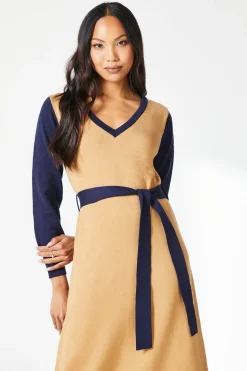 Tipped Belted Knitted Midi Dress