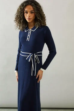 Tipped Belted Knitted Midi Dress