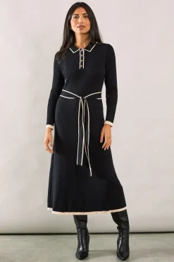 Tipped Belted Knitted Midi Dress