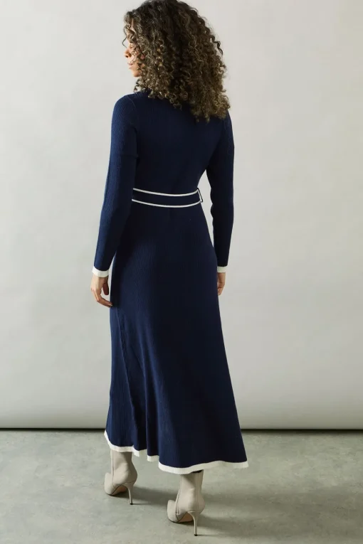 Tipped Belted Knitted Midi Dress