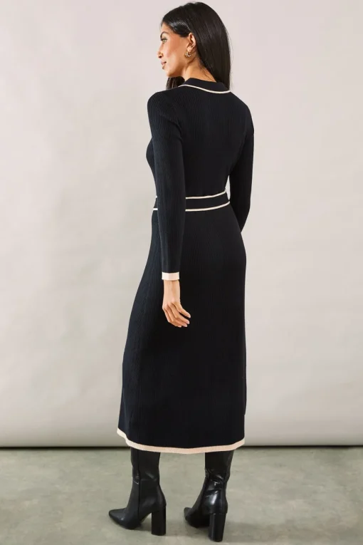Tipped Belted Knitted Midi Dress