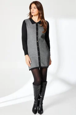 Tipped Collar Boucle Knitted Midi Dress