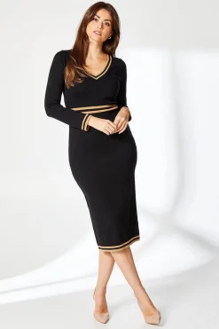 Tipped V Neck Knitted Midi Dress