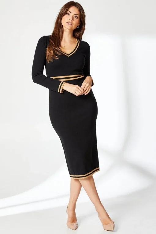 Tipped V Neck Knitted Midi Dress