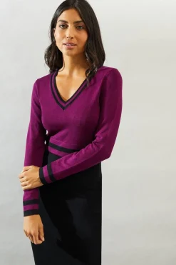 Tipped V Neck Knitted Midi Dress