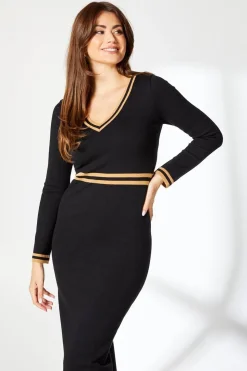 Tipped V Neck Knitted Midi Dress