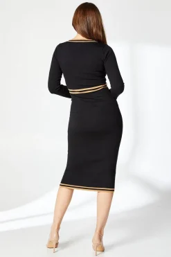 Tipped V Neck Knitted Midi Dress