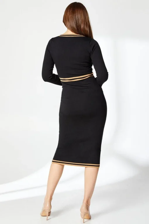 Tipped V Neck Knitted Midi Dress