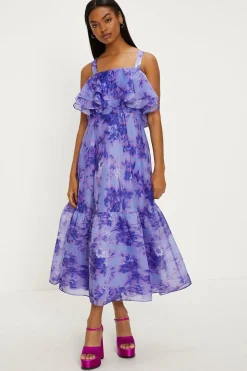 Tonal Blurred Floral Ruffle Organza Midi Dress