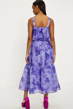 Tonal Blurred Floral Ruffle Organza Midi Dress
