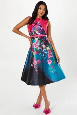 Trailing Floral Overlay Bodice Satin Twill Midi Dress