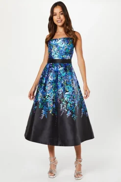 Trailing Floral Satin Twill Midi Wedding Guest Dress
