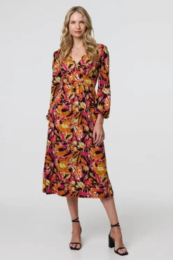 Tropical Floral Print Long Sleeve Midi Dress