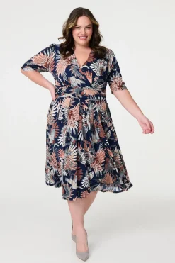 Tropical Print 1/2 Sleeve Midi Wrap Dress