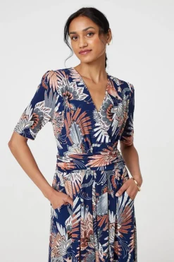 Tropical Print 1/2 Sleeve Midi Wrap Dress
