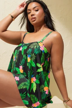 Tropical Print A-Line Tankini Top