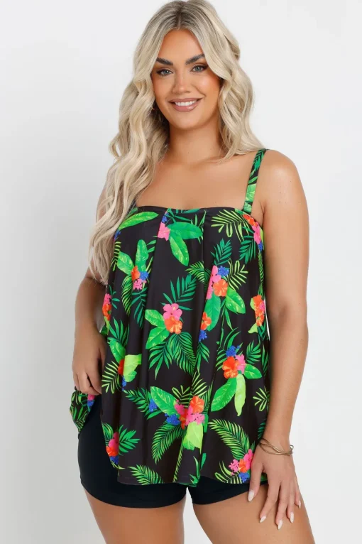 Tropical Print A-Line Tankini Top