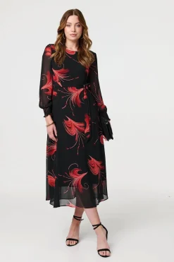Tropical Print Mesh Layered Midi Dress