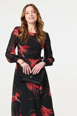 Tropical Print Mesh Layered Midi Dress