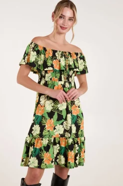 Tropical Shirred Waist Bardot Mini Dress