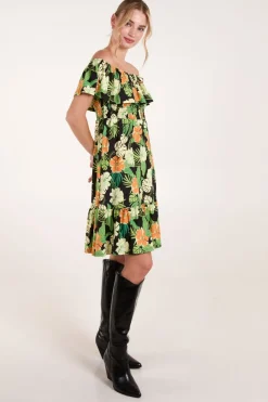 Tropical Shirred Waist Bardot Mini Dress