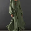 Tufted Dobby Chiffon Button Front Tie Neck Hanky Hem Midi