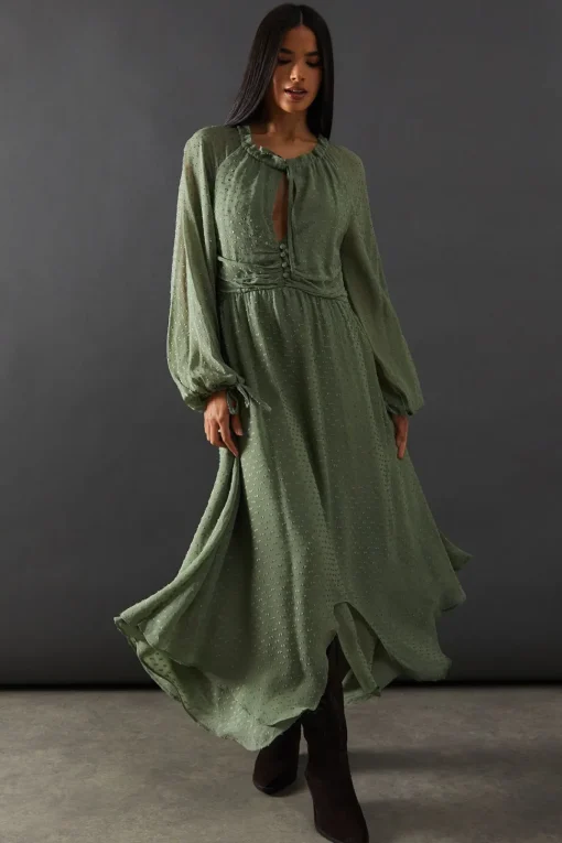 Tufted Dobby Chiffon Button Front Tie Neck Hanky Hem Midi