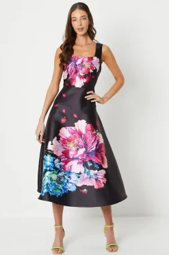 Twill Dress With Square Neck And Placement Print