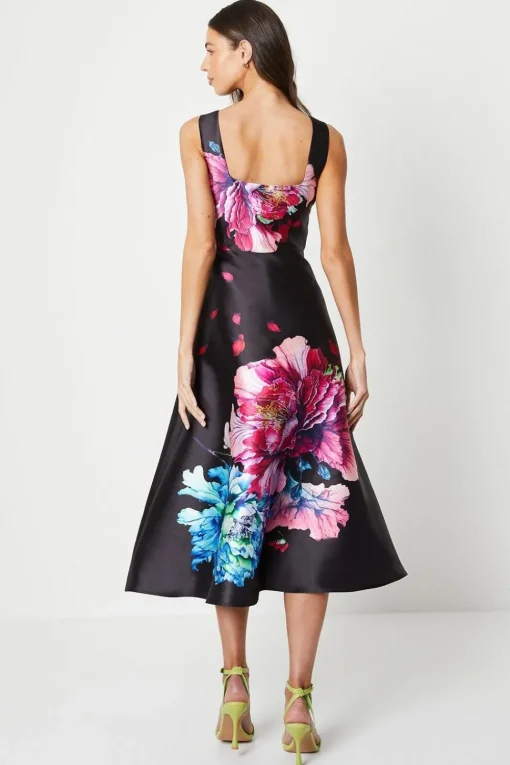Twill Dress With Square Neck And Placement Print