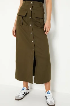 Twill Pocket Button Through Maxi Skirt