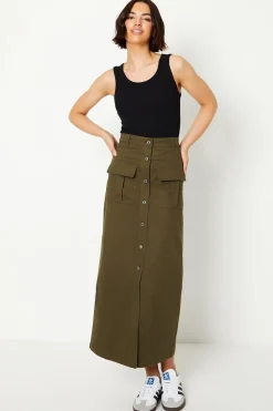 Twill Pocket Button Through Maxi Skirt