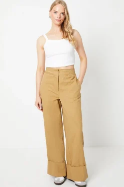 Twill Turn Up Hem Straight Leg Trouser